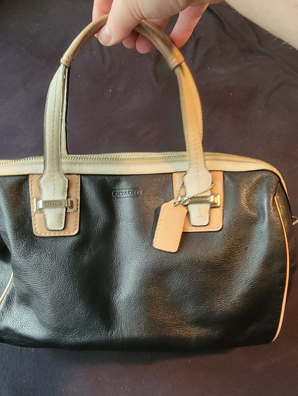 Coach Black Leather Satchel with Tan Trim and Handles
